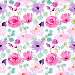 green and pink watercolor floral seamless pattern