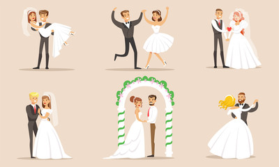 Elegant Romantic Just Married Couples Set, Newlywed Bride and Groom at Marriage Ceremony Vector Illustration