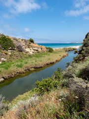 Water Canyon Beach, Coastal Road, near Ranch at Bechers Bay Pier on a sunny spring day, Santa Rosa Island, Channel Islands National Park, Ventura, California, USA
