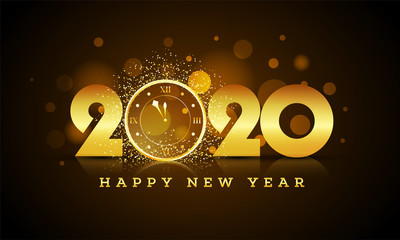 Golden text 2019 with wall clock with glittering effect on brown bokeh background for Happy New Year celebration. Can be used as greeting card design.