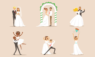 Elegant Romantic Just Married Couples in Love Set, Newlywed Bride and Groom at Marriage Ceremony Vector Illustration