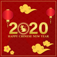 Fototapeta na wymiar 2020 text with rat zodiac sign and hanging lanterns on red chinese pattern background for Happy Chinese New Year celebration.