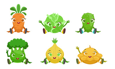 Collection of Cute Vegetables Cartoon Characters with Funny Faces, Carrots, Cabbage, Cucumber, Broccoli, Onion, Squash Vector Illustration
