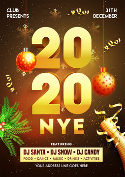 2020 NYE (New Year Eve) Celebration Invitation Card Design With Hanging Baubles, Champagne Bottle And Event Details.