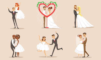 Happy Elegant Romantic Just Married Couples in Love Set, Newlywed Bride and Groom at Marriage Ceremony Vector Illustration