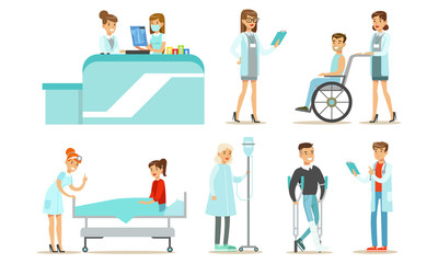 Medical Staff Examining and Treating Patients Set, Medical Care in Clinic or Hospital Vector Illustration