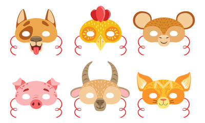 Animals Carnival Masks Set, Dog, Rooster, Monkey, Pig, Goat, Fox Vector Illustration