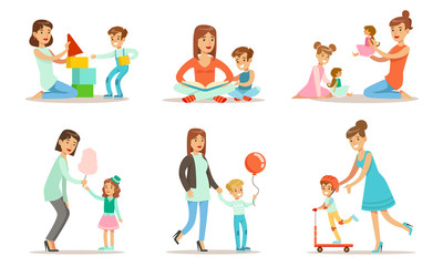 Happy Mothers Playing, Having Fun and Enjoying Good Time with Their Kids Set Vector Illustration