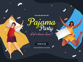 Women character lying down with bed sheet on grey abstract background for Pajama Party celebration banner or poster design.