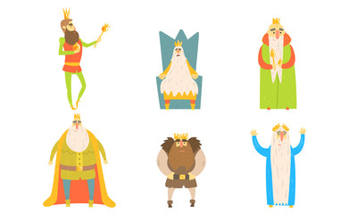 Funny King Posing in Different Situations Set Vector Illustration, Fairy Tale Cartoon Characters Vector Illustration