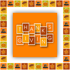 Sticky text Thanksgiving with pumpkin, pilgrim hat, maple leaf, and acorn decorated on greeting card design for festival celebration.