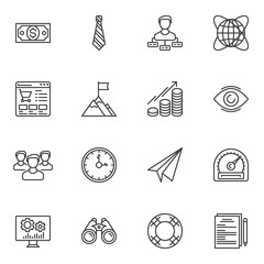 Business startup line icons set. linear style symbols collection, outline signs pack. vector graphics. Set includes icons as dollar money bill, online shopping, teamwork group, worldwide, achievement