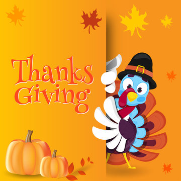 Thanksgiving celebration greeting card design with turkey bird wearing pilgrim hat and pumpkins on orange background.