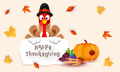 Illustration of turkey bird holding message card of Happy Thanksgiving with vegetable grain fruit and autumn leaves decorated on background.