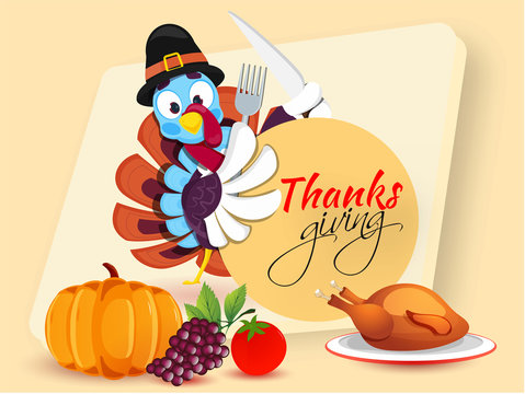Illustration of turkey bird holding knife and fork, vegetable, fruit with chicken on plate for Thanksgiving celebration concept.