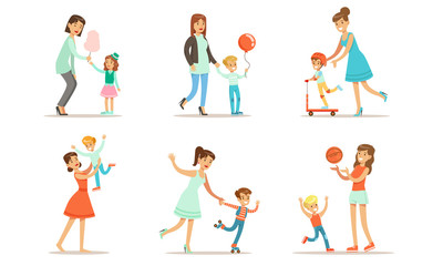 Fototapeta na wymiar Happy Mothers Playing, Having Fun and Enjoying Good Time with Their Cute Kids Set Vector Illustration