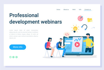 Professional development webinars, electronic library. Online education technology, communication with laptop, business teaching, learning vector. Webpage or website template, landing page flat style