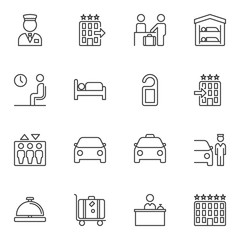 Hotel line icons set. linear style symbols collection, outline signs pack. vector graphics. Set includes icons as reception service, five star hotel rating, car parking, elevator, luggage cart, tag