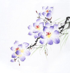 Chinese painting of blossoming magnolia tree with bees © xiaoliangge