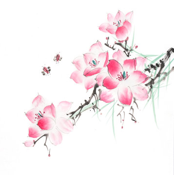 Chinese painting of blossoming magnolia tree with bees