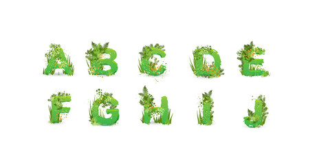 Green Leaves font. Vector illustration. Stylish eco alphabet from colorful tropical leaves, bushes, flowers and nature elements. Egology and natural font, summer and tropical letters isolated on white