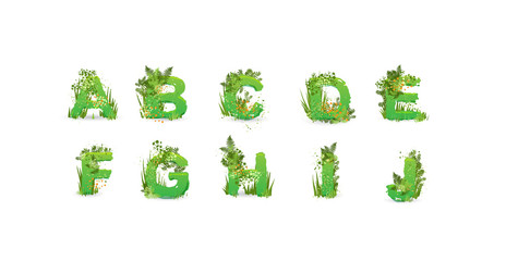Green Leaves font. Vector illustration. Stylish eco alphabet from colorful tropical leaves, bushes, flowers and nature elements. Egology and natural font, summer and tropical letters isolated on white