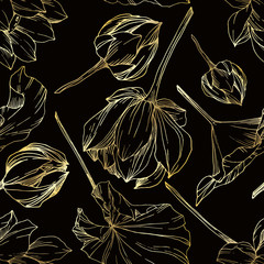 Fleur botanique florale de Lotus de vecteur. Art à l& 39 encre gravée en noir et blanc. Motif de fond sans couture.