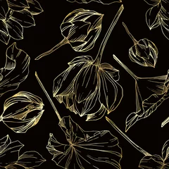 Papier Peint photo Noir et or Fleur botanique florale de Lotus de vecteur. Art à l& 39 encre gravée en noir et blanc. Motif de fond sans couture.