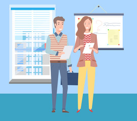 Working team man and woman, people with papers and diagrams, office with whiteboard and charts, male holding briefcase with documents. Vector illustration in flat cartoon style