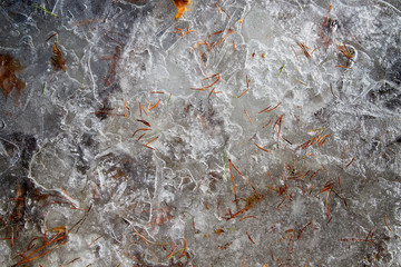 Ice background texture. Frozen puddle macro. Sping or winter photo