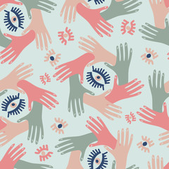 Seamless pattern with squares icon element with hands. Stylized print of a hand print. Can be used for printing on paper, stickers, badges, jewelry, cards, textiles.