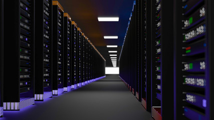 Server room data center. Backup, mining, hosting, mainframe, farm and computer rack with storage information. 3d render
