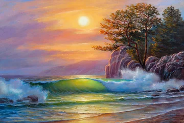 Keuken spatwand met foto Zonsondergang over zee, schilderij met olieverf op doek. Zee Golf. © serge-b