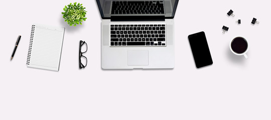 Top view office desk and supplies, with copy space. Creative flat lay photo of workspace...