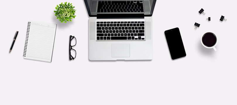 Top View Office Desk And Supplies, With Copy Space. Creative Flat Lay Photo Of Workspace Desk/Panoramic Banner And Isolated On Clean Background