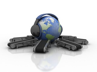 Fototapeta premium 3d rendering conveyor belt with headphone connected globe