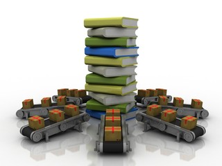 Fototapeta premium 3d rendering cardboard boxes in conveyor belt with studying books