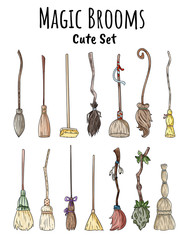 Set of cute broomstick doodles. Collection of Happy Halloween related illustrations - magic brooms. Cartoon images elements: witch or wizard old brooms