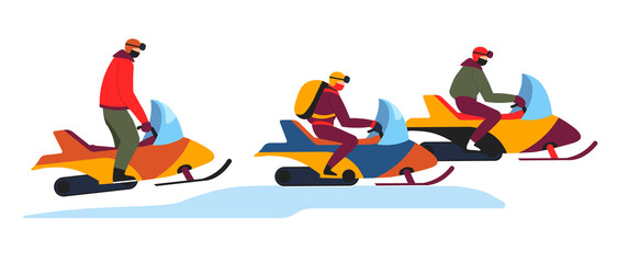 Snowmobile tour on winter snowy slopes on white