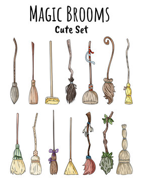 Set of cute broomstick doodles. Collection of Happy Halloween related illustrations - magic brooms. Cartoon images elements: witch or wizard old brooms