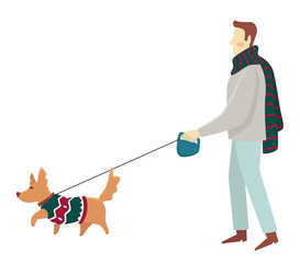 Man walking with dog on leash in similar colored knitwear