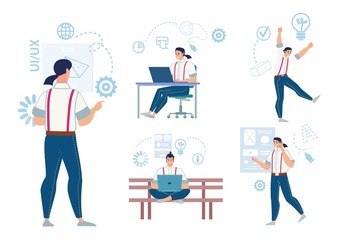 Freelancer Characters Work Routine Flat Vector Set