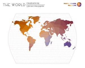 Abstract geometric world map. John Muir's Times projection of the world. Purple Orange colored polygons. Awesome vector illustration.