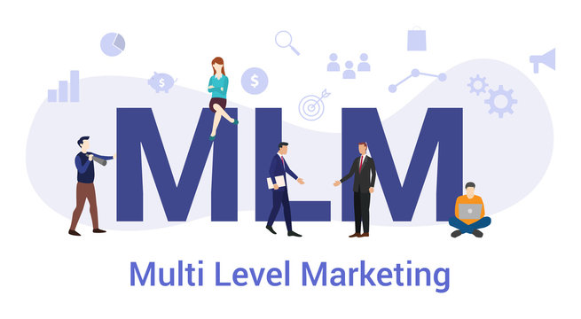 mlm multi level marketing concept with big word or text and team people with modern flat style - vector