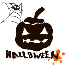 Stylish graphical grunge vector Halloween card with black silhouette of pumpkin, spider and text Halloween.