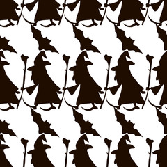 Halloween seamless vector background. Black silhouette of witchs, bats, spiders, pumpkins