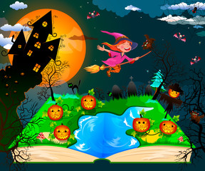Joyful little witch flies on a broomstick.Night on Halloween. Joyful little witch flying on a broomstick in the night sky, against the backdrop of a castle, a pumpkin and trees, surrounded by bats. W 