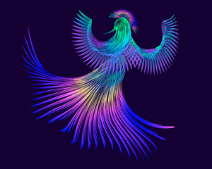Colored, bright bird on a purple background, abstraction with lines, vector illustration, 4k