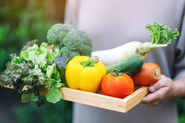 A woman holding a fresh mixed vegetables in a wooden tray