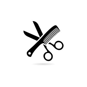 Scissor and comb icon isolated on white background